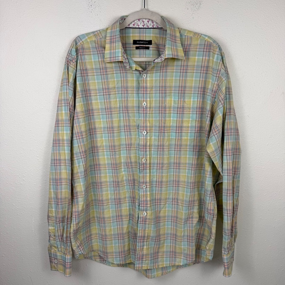 Bugatchi Mens Classic Fit‎ Plaid Button Down Shirt Yellow Green Flamingo Large